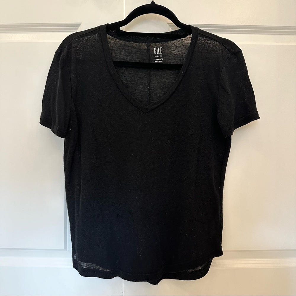 Gap t-shirt black linen blend v-neck petite XSmalll